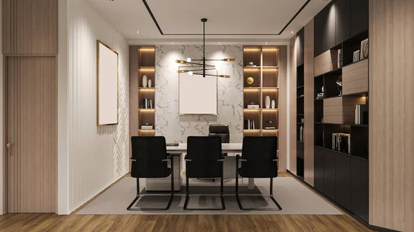 ディレクターまたはボスルームのインテリアデザイン 完全な家具セットアップデスクウォールデザイン — ストック写真