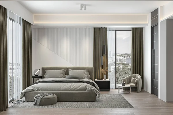 Diseño Interior Contemporáneo Elegante Funcional Del Dormitorio Con Cama Cómoda — Foto de Stock