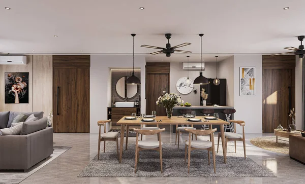 Luxuriöses Esszimmer Dekor Das Den Raum Mit Einem Handgefertigten Holztisch — Stockfoto