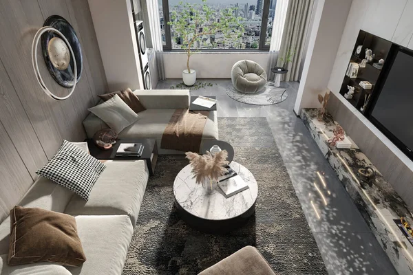 Sala Estar Mobiliário Design Interiores Com Sofá Cadeira Vaso Fornt — Fotografia de Stock