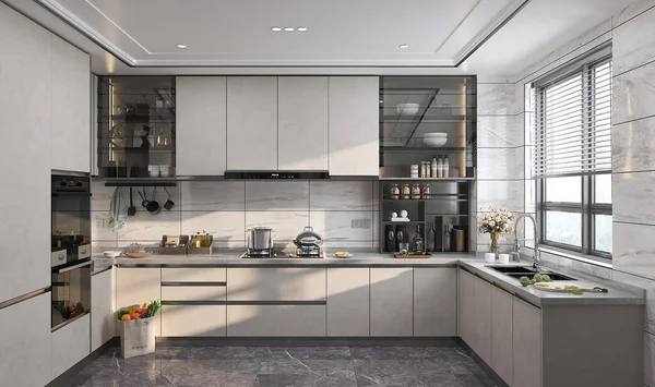 Luxe Keuken Interieur Met Complete Nutsvoorzieningen Plaatsing Ideeën Voor Stedelijk — Stockfoto