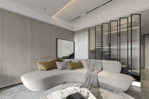 ソファーとガラスフォーカス家具の割り当てイメージ3Dレンダリングの豪華なリビングルームインテリアデザイン — ストック写真