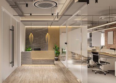 Modern ofis iç tasarımı. 3d oluşturma