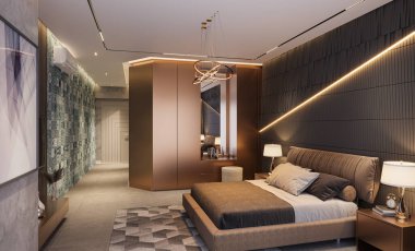 Gösterişli ve sofistike Modern Yatak Odası. Lüks Ev Tasarımı.