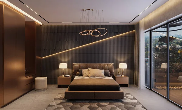 Şık Konfor Mobilya Modern Elementler Yatak Odası Tasarımı — Stok fotoğraf
