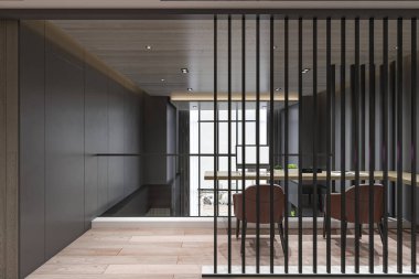 Dubleks ev okuma alanı ve içinde sandalye ve masa olan iç duvar