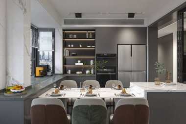 Klasik Ahşap Masa ve Sandalyeler ile Sonsuz Görünümlü Lüks Yemek Odası İç Tasarımı Yapılıyor