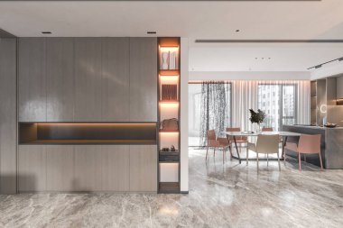 Yemek odası ve köşeden yemek masası manzaralı boş uzay tasarımı.