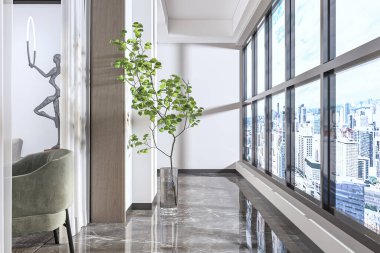 Beyaz tabanlı iç dizayn ile Belcony iç mekan dekorasyonu