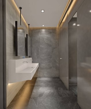 3 boyutlu modern banyo mermer duvarlı ve duşlu.