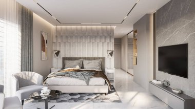 Rahatlığı ve rahatlığı teşvik eden lüks bir yatak odası tasarlıyorum.