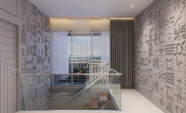 Farklı sanat eserlerine ve duvar tasarımına sahip modern merdivenler