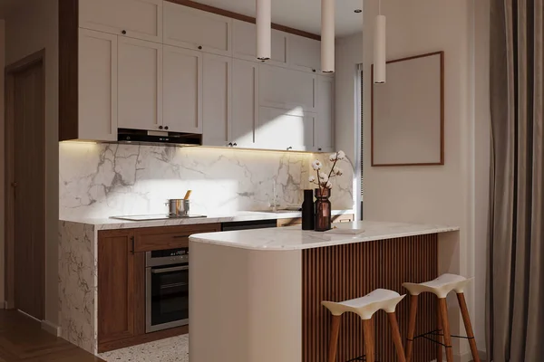 精美小巧的开放式厨房室内布置及合理使用厨房空间 — 图库照片