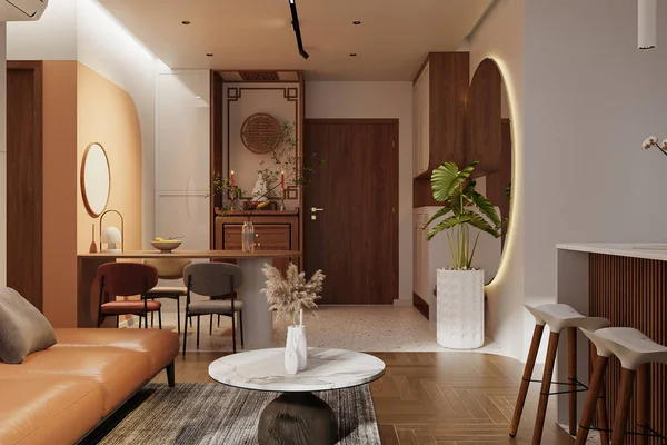 Diseño Interiores Apartamento Minimalista Donde Utilizan Muebles Contemporáneos Pintura Pared — Foto de Stock