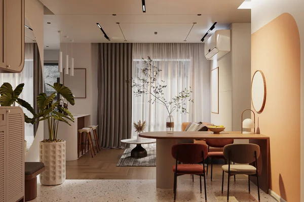 Minimalismo Sala Pranzo Interior Design Con Illuminazione Adeguata Mobili Chic — Foto Stock
