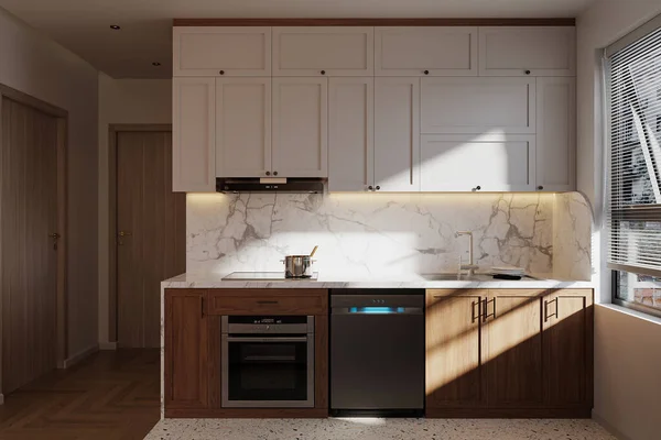 現代の台所に使用される白および木の適した組合せ — ストック写真