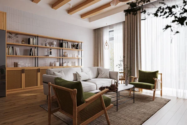 Idee Decorazione Soggiorno Interior Design Moderno Con Layout Mobili Legno — Foto Stock