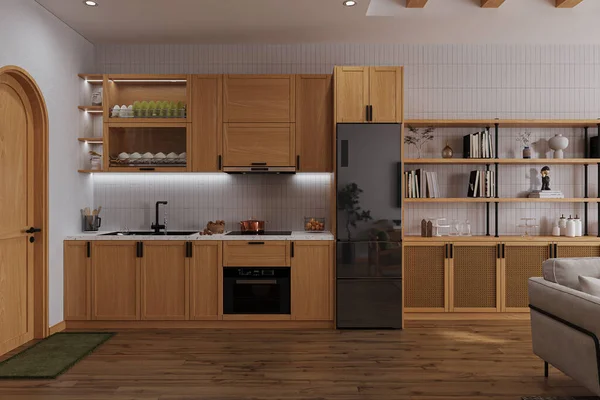 Stylish Wooden Kitchen Interior Design Kitchen Sink Smart Electric Devices — Stock Photo, Image