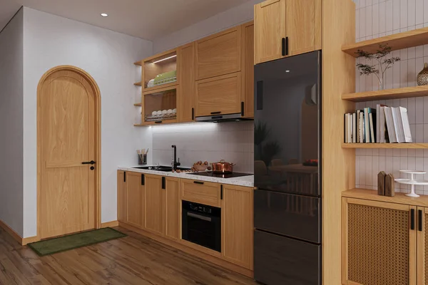 家具およびスマートな一見の器械が付いている台所の建築概観の木のドアの入口ポイント — ストック写真