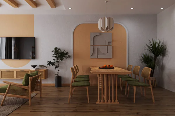 Étkező Asztal Díszített Nappali Belső Kialakítás Megfelelő Bútorok Kiosztása — Stock Fotó