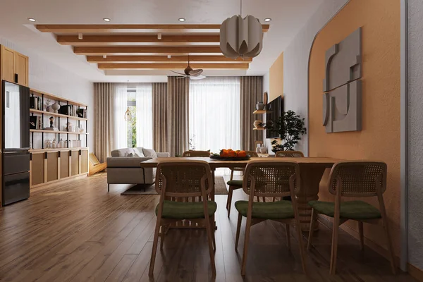 Esszimmer Und Offenes Wohnzimmer Mit Kompletten Holzmöbeln Und Gestaltungsideen Für — Stockfoto