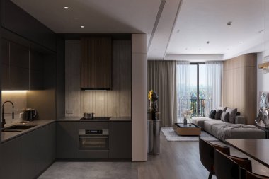 Açık Mutfak ve Yaşam Alanı 'nın manzarası. Dokunulmazlık hissi, 3 boyutlu görünüm.