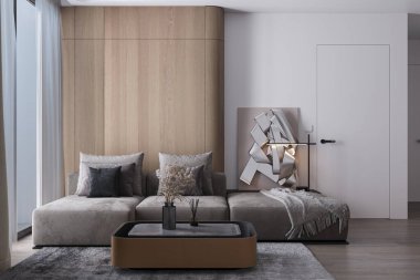 Özel Gri Kanepe Odanın Arkasında ve Beyaz Duvar Arkasında, Basit LED Işık, Kare Kahve Masası, Kurumuş Çiçekler Oturma Odasında Süslemeli