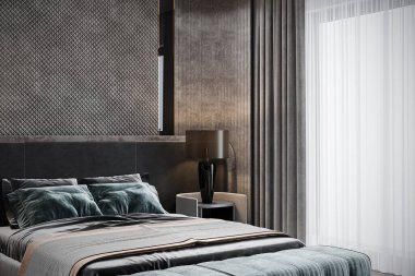 Sıcak ve Şık Yatak, Yeşil Yastık, Kadife Kumaş, Duvar dokusu Arka planı, Küçük Masadaki Klasik Lamba, Gri ve Beyaz Perde Akıllı Yatak Odası Dekorasyonu