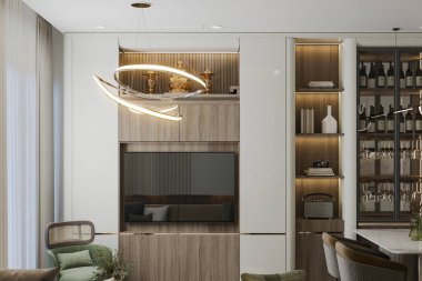 Oturma odanızı şık şeylerle donatın, Benzersiz Avize, Gösteri Parçası, Tahta ve Beyaz Kabine, Yeşilimsi Kol Sandalyesi