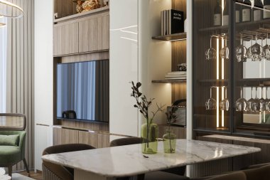 Konforlu ve Sandalyeli Şık Yemek İçi, Beyaz Mermer Yemek Masasındaki Saksılarda Bitkiler Küçük Ev Barının Dekoru