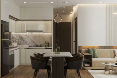 Deri kahve sandalyeleri, beyaz masa, beyaz ve ahşap mutfak dekorasyonu.