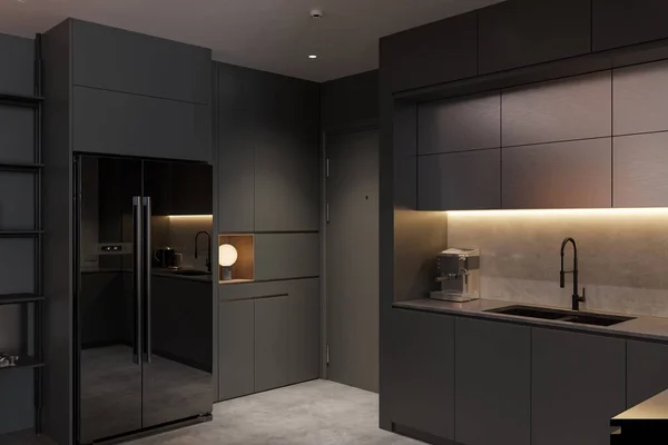 黑色餐具柜 水龙头 Led灯 开放式厨房室内3D渲染 — 图库照片
