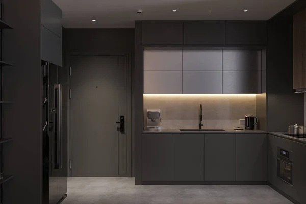 Blackish Interior Idea Open Kitchen Utensils Led Lighting Rendering — Stock Photo, Image