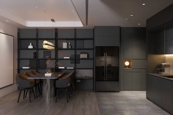 Dining Cum Open Kitchen View Used Modern Furnishings Black Interior — стоковое фото