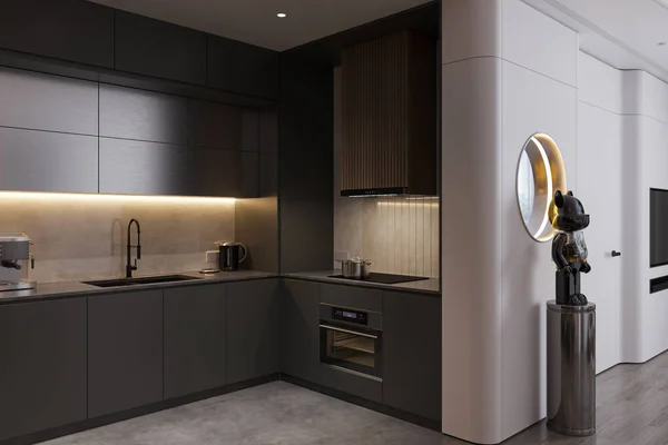 现代风格开放式厨房 黑色橱柜 室内设备 — 图库照片