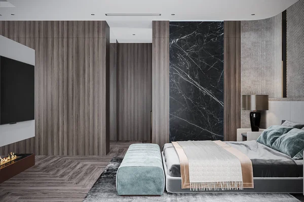 Holz Stil Fliesen Für Wand Und Boden Interieur Klassisches Bett — Stockfoto