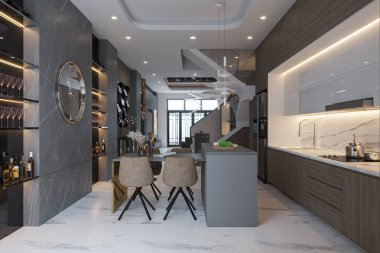 Modern yaşam tarzı için Home Bar 'ın önünde, Akşam Yemeği kurulumunun yanında Çağdaş Yemek Mekanı Modern Mutfağı