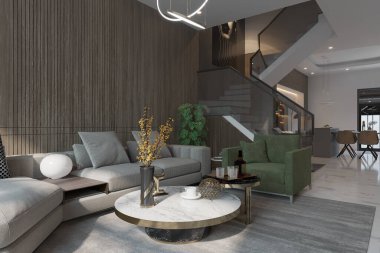 Modüler Sofa, Yeşilci Kanepe, Gün Işığı ve Doğa temalı modern oturma odası. Ev Dekorasyonu