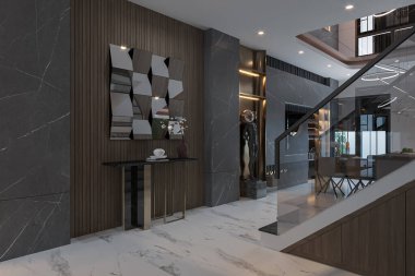 Modern bir dairede merdiven, iç tasarım, konsol masası, tahta duvar dekorunda ayna.