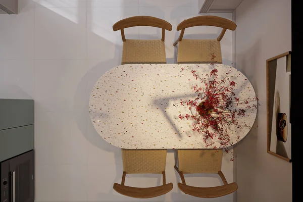 Horní Pohled Jídelní Soupravu Dřevěné Židle Sušené Květiny Bílém Mramorovém — Stock fotografie
