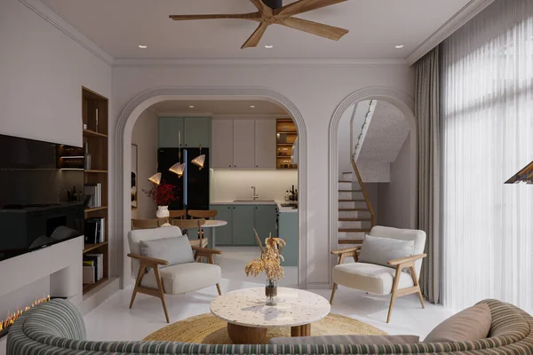 White Sleek Chic Scandinavian Living Room Dengan Mint Sofa Wooden — Stok Foto