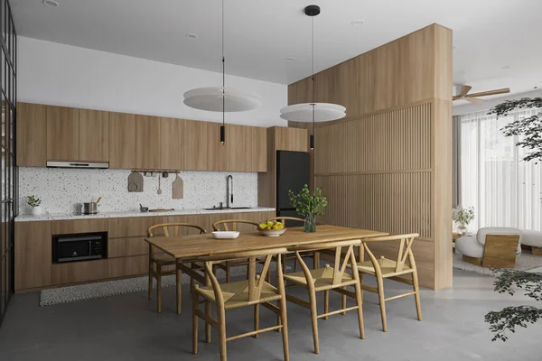 Beautiful Wooden Concept Dining Cum Kitchen Layout Wooden Furnishings Plants — Stockfoto