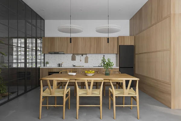 Minimalist Dining Cum Open Kitchen Interior Design Wooden Furniture Home — стоковое фото