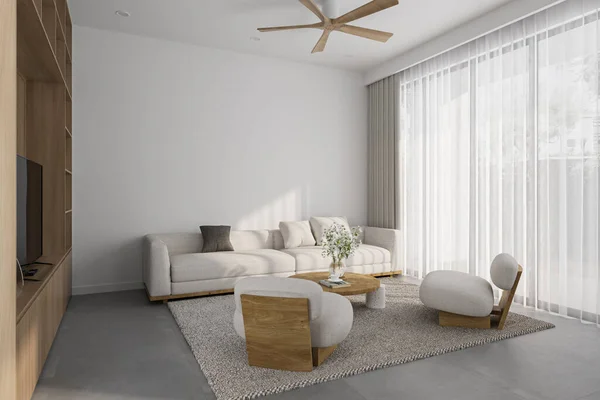 Interiér Vašeho Obývacího Prostoru Minimalistickým Stylem Bílé Dřevěné Vybavení — Stock fotografie