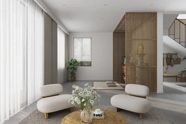ミニマリストスタイルのリビングルーム ホワイトと木製の装飾 空のスペース ホームデコレーション — ストック写真