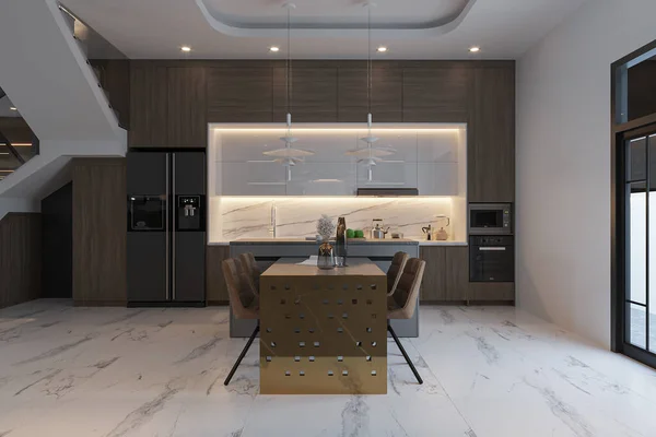 Contemporary Glamour Luxury Furniture Utensils Dining Cum Kitchen Interior Design — стоковое фото