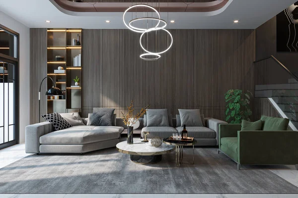 Elegantní Elegantní Luxusní Obývací Pokoj Šedou Zelenou Modulární Pohovkou Elegantním — Stock fotografie
