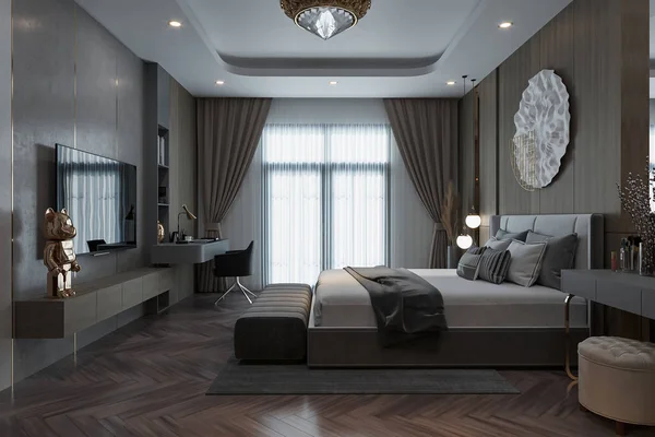 Interior Design Modern Style Bedroom Luxurious Furniture Large Window Modern — Stock Photo, Image