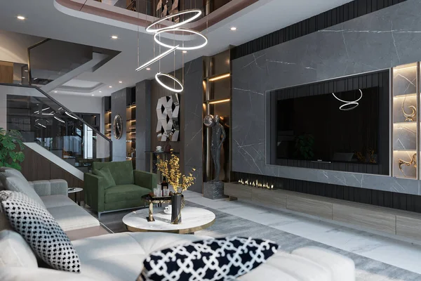 Moderní Elegance Vytváření Luxusního Obývacího Pokoje Stylovými Pohovkami Krbem Nástěnné — Stock fotografie