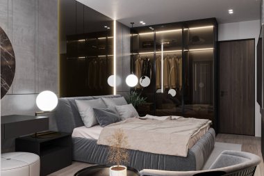 Yatak odası Yastıklar ve Sade Gri Yatak, Almirah, Konsol Masası, LED Işıklandırma